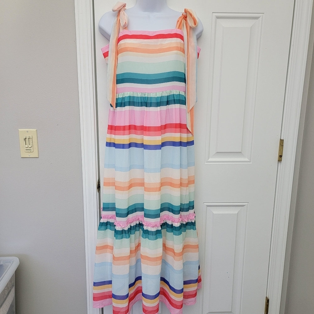 A. Calin By Flying Tomato Colorful Striped Ruffled Tie Shoulder Summer Dress M
